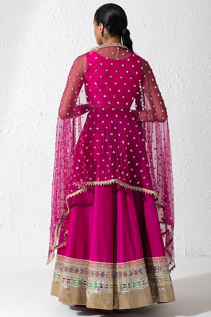 Hot Pink Raw Silk & Taffeta Embroidered Wedding Lehenga Set by Rishi & Vibhuti at Pernia's Pop Up Shop