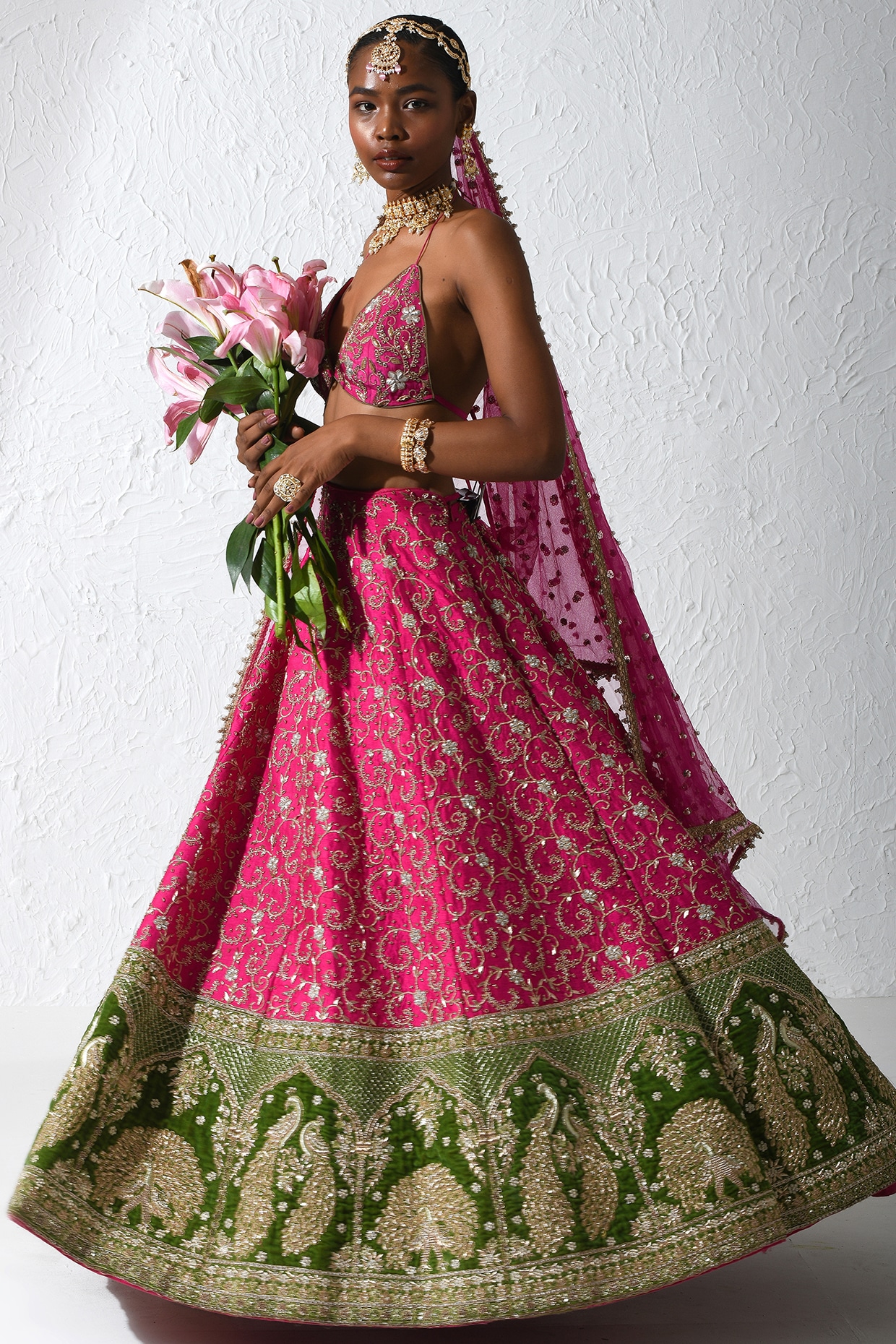 Buy KALKI FASHION Hot Pink Embroidered Leheriya Lehenga With Blouse And  Dupatta (Set of 3) online