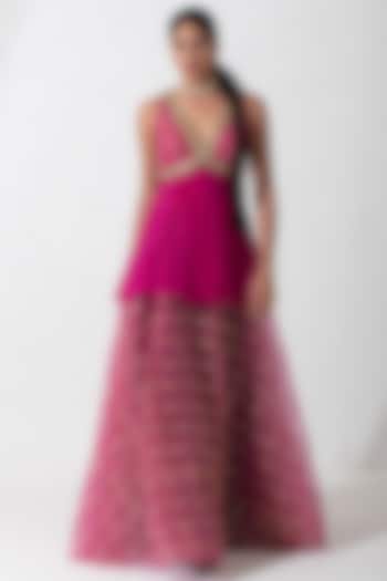 Hot Pink Georgette & Net Embellished Skirt Set by Rishi & Vibhuti