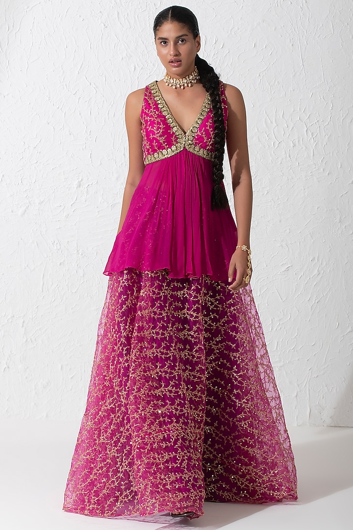 Hot Pink Georgette & Net Embellished Skirt Set by Rishi & Vibhuti