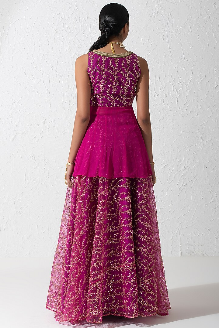 Hot Pink Georgette & Net Embellished Skirt Set by Rishi & Vibhuti at Pernia's Pop Up Shop