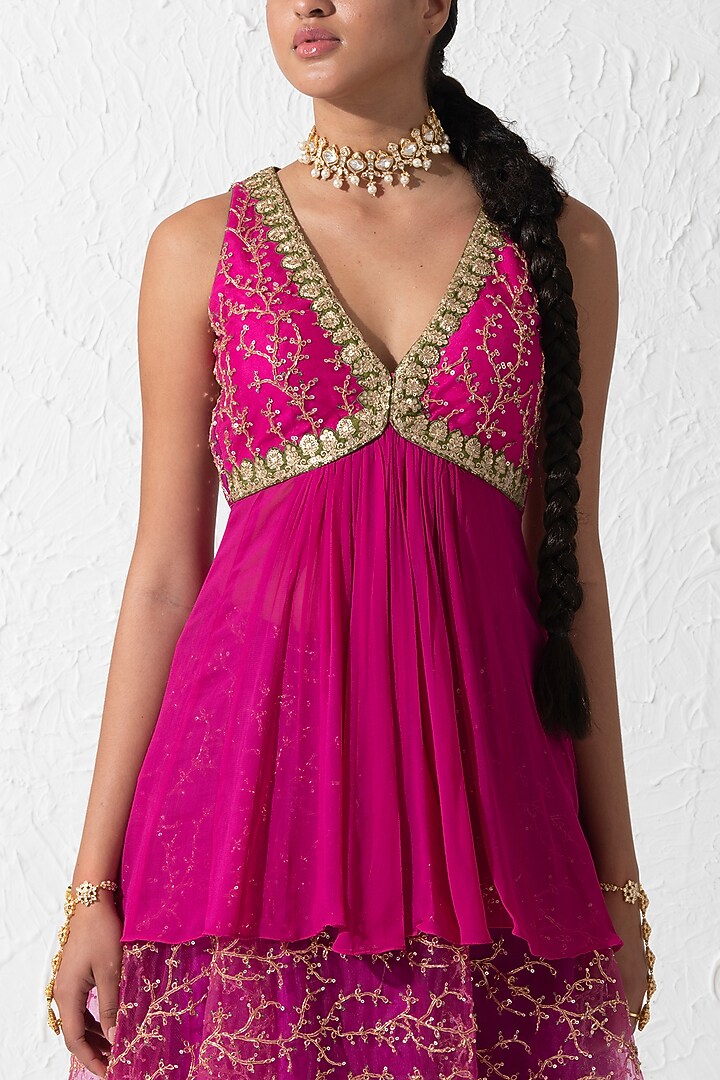 Hot Pink Georgette & Net Embellished Skirt Set by Rishi & Vibhuti at Pernia's Pop Up Shop