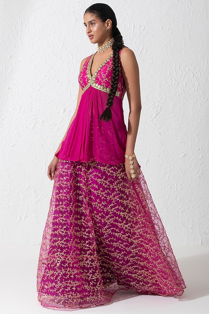 Hot Pink Georgette & Net Embellished Skirt Set by Rishi & Vibhuti at Pernia's Pop Up Shop