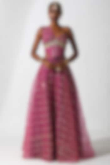 Hot Pink Net & Organza Hand Embroidered Wedding Lehenga Set by Rishi & Vibhuti at Pernia's Pop Up Shop