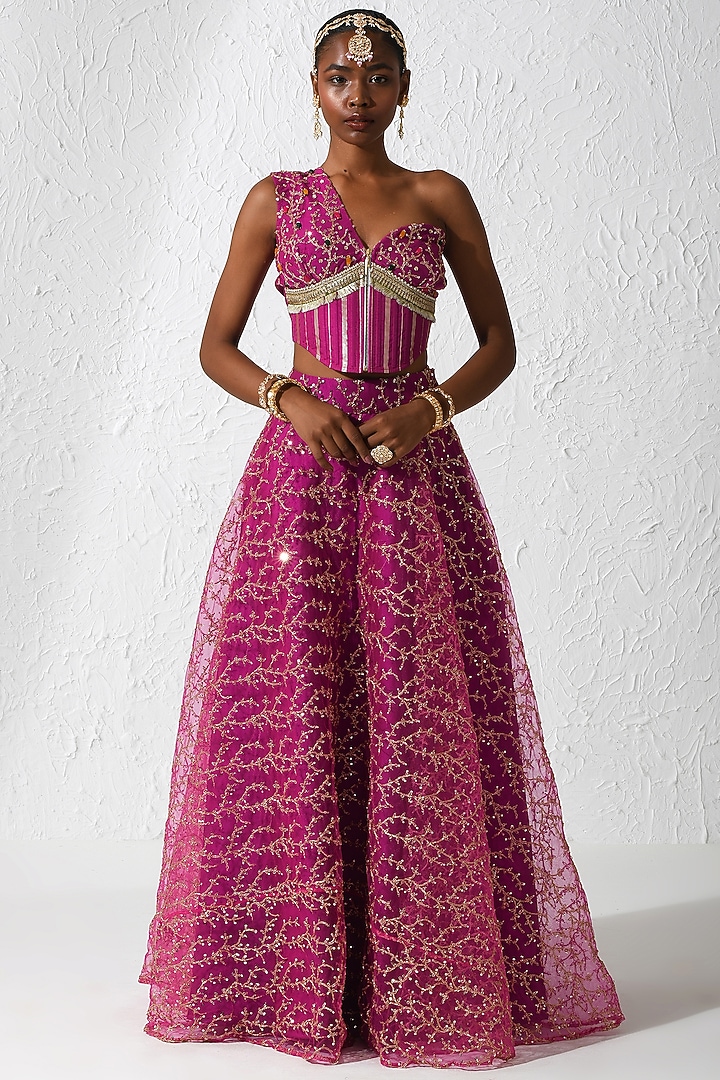 Hot Pink Net & Organza Hand Embroidered Wedding Lehenga Set by Rishi & Vibhuti at Pernia's Pop Up Shop