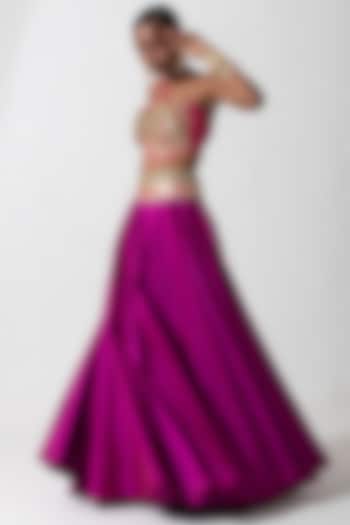 Hot Pink Taffeta Silk & Raw Silk Embellished Skirt Set by Rishi & Vibhuti