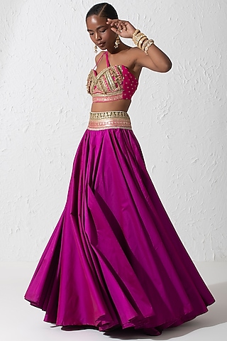 Hot Pink Taffeta Silk & Raw Silk Embellished Skirt Set by Rishi & Vibhuti