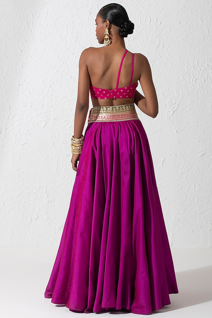 Hot Pink Taffeta Silk & Raw Silk Embellished Skirt Set by Rishi & Vibhuti at Pernia's Pop Up Shop