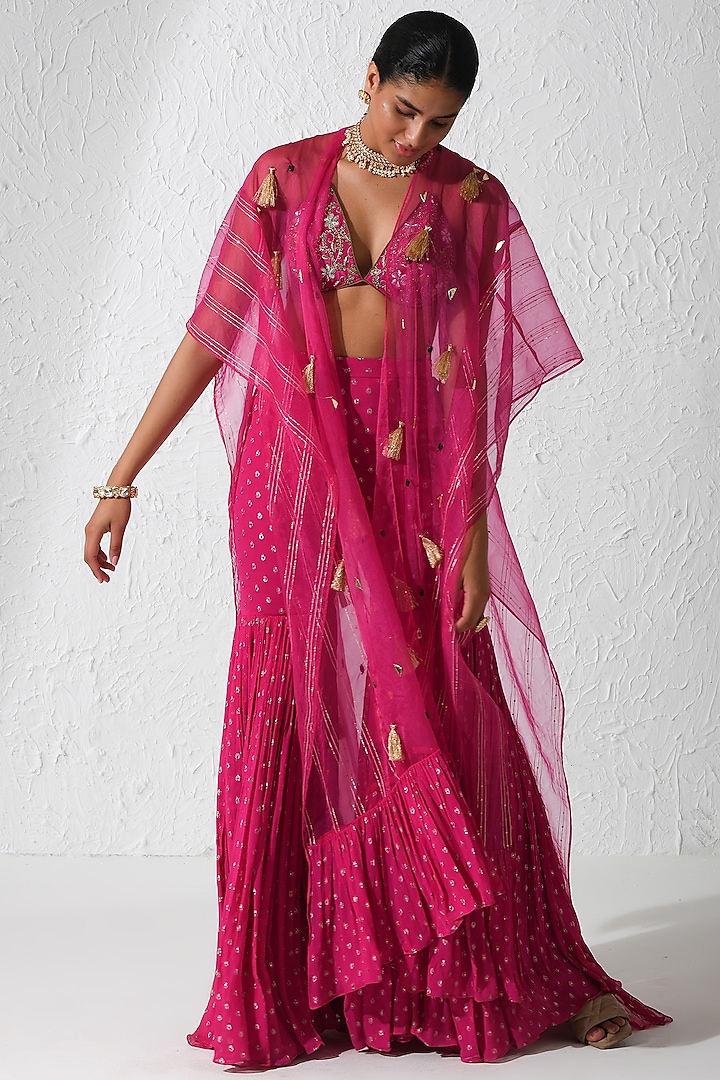 Hot Pink Chanderi Georgette Pant Set by Rishi & Vibhuti