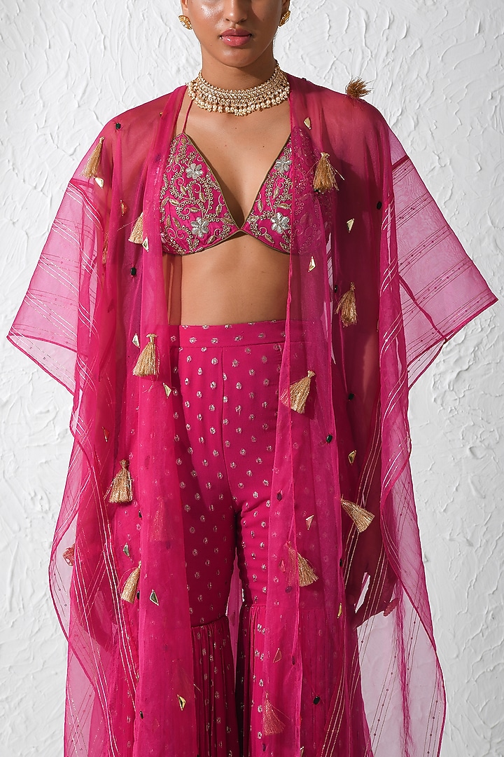 Hot Pink Chanderi Georgette Pant Set by Rishi & Vibhuti at Pernia's Pop Up Shop