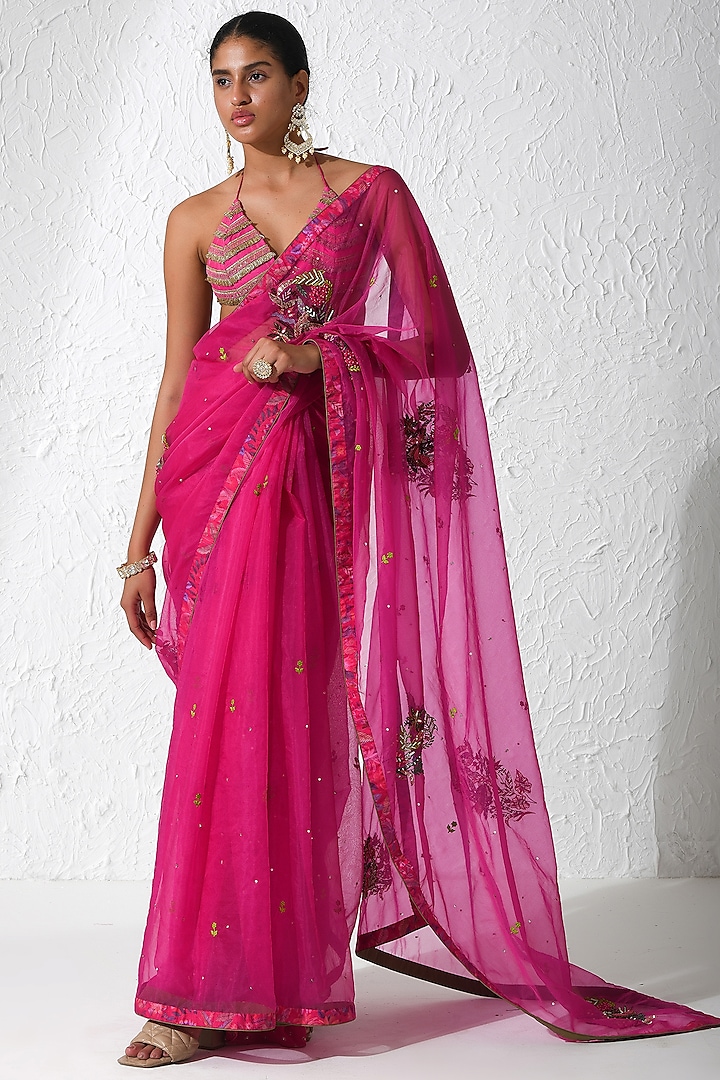 Hot Pink Organza Embroidered Saree Set by Rishi & Vibhuti