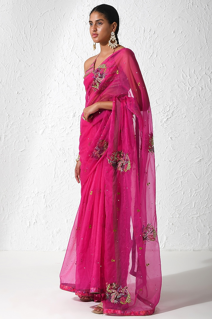 Hot Pink Organza Embroidered Wedding Saree Set by Rishi & Vibhuti at Pernia's Pop Up Shop