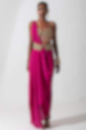 Hot Pink Crepe Draped Skirt Saree Set by Rishi & Vibhuti at Pernia's Pop Up Shop