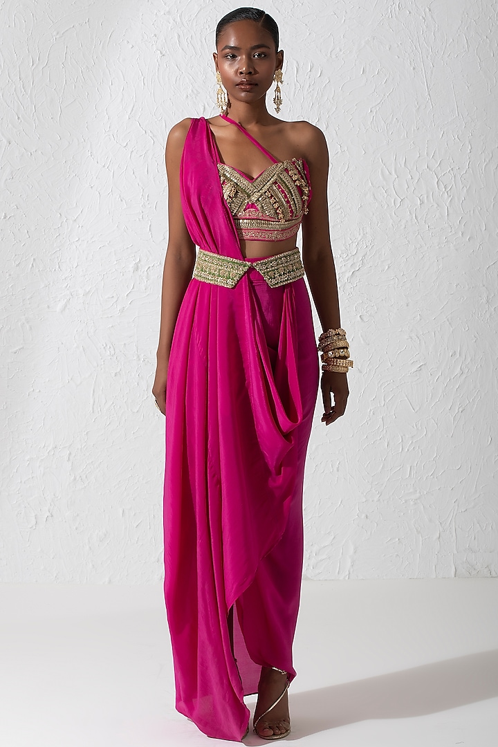 Hot Pink Crepe Draped Skirt Saree Set by Rishi & Vibhuti at Pernia's Pop Up Shop