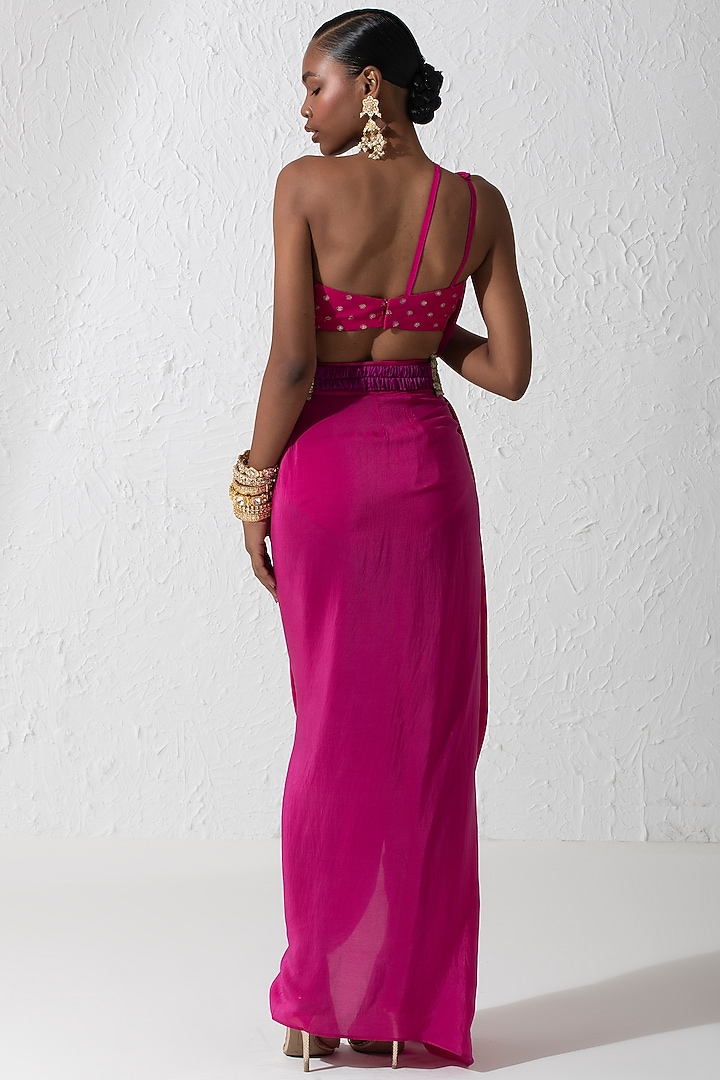 Hot Pink Crepe Draped Skirt Wedding Saree Set by Rishi & Vibhuti at Pernia's Pop Up Shop