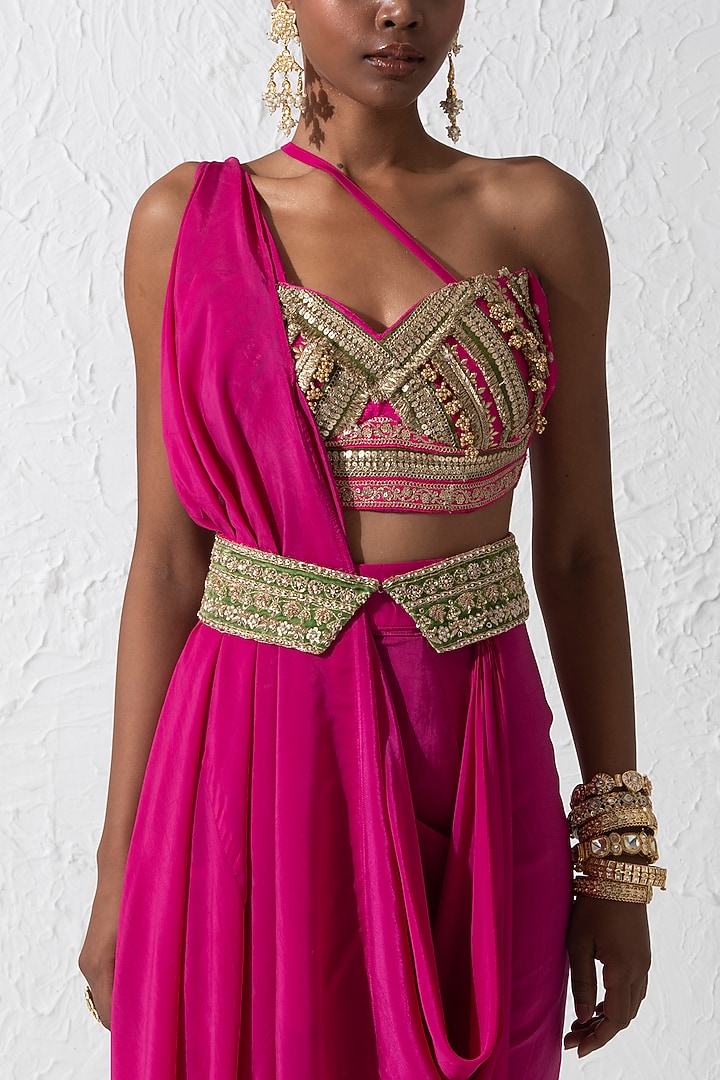 Hot Pink Crepe Draped Skirt Wedding Saree Set by Rishi & Vibhuti at Pernia's Pop Up Shop