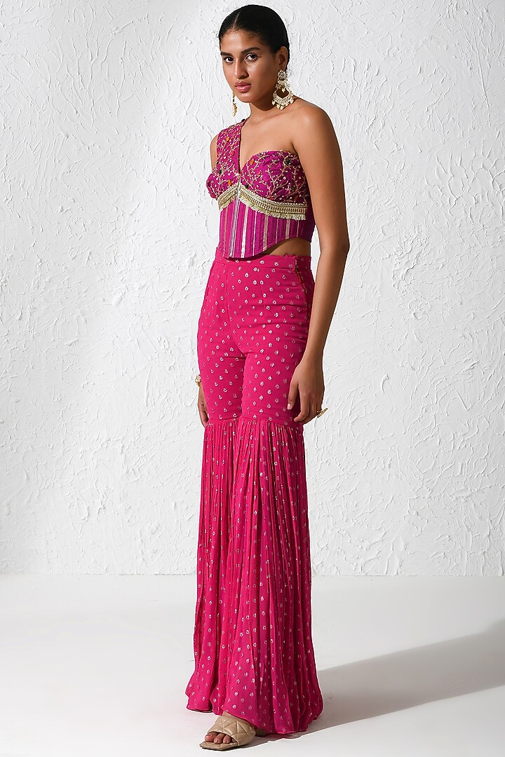 Hot Pink Net & Georgette Co-Ord Set by Rishi & Vibhuti at Pernia's Pop Up Shop