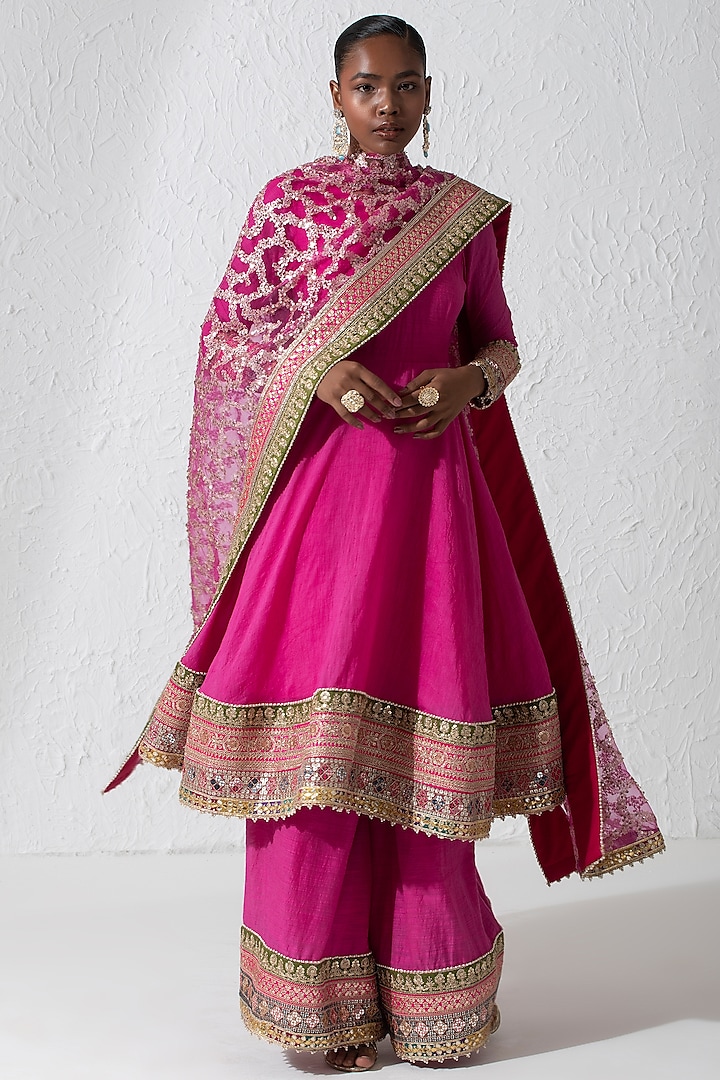 Hot Pink Silk Hand Embroidered Anarkali Set by Rishi & Vibhuti