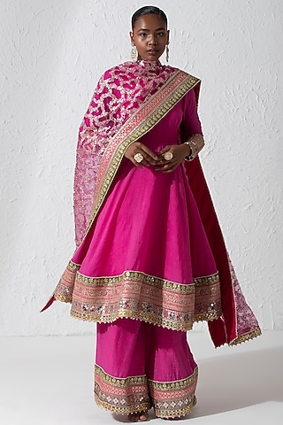 Hot Pink Silk Hand Embroidered Anarkali Set by Rishi & Vibhuti