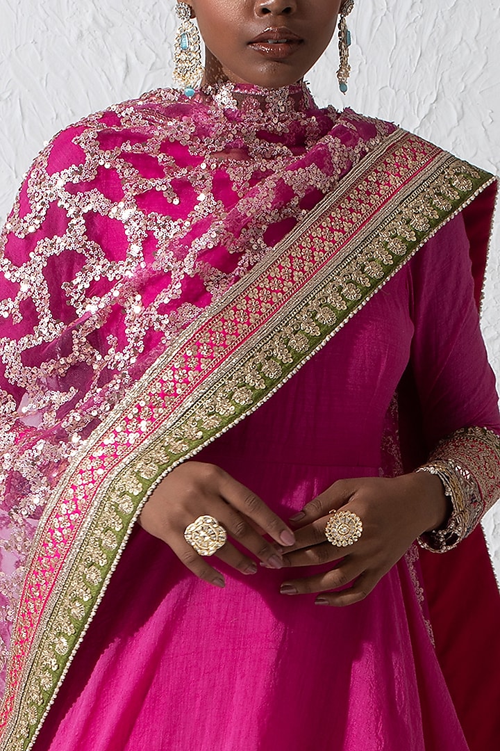 Hot Pink Silk Hand Embroidered Wedding Anarkali Set by Rishi & Vibhuti at Pernia's Pop Up Shop