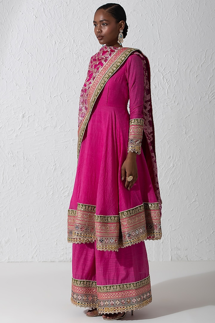Hot Pink Silk Hand Embroidered Wedding Anarkali Set by Rishi & Vibhuti at Pernia's Pop Up Shop