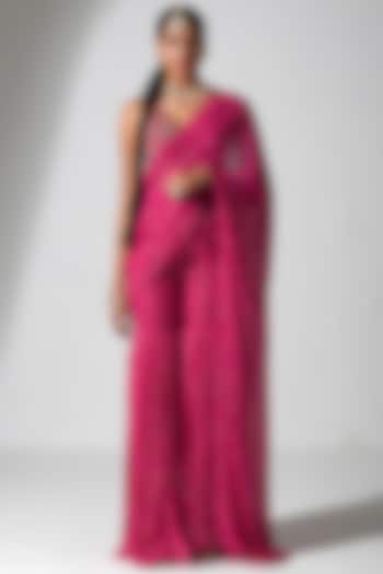 Hot Pink Raw Silk & Georgette Gharara Pant Saree Set by Rishi & Vibhuti