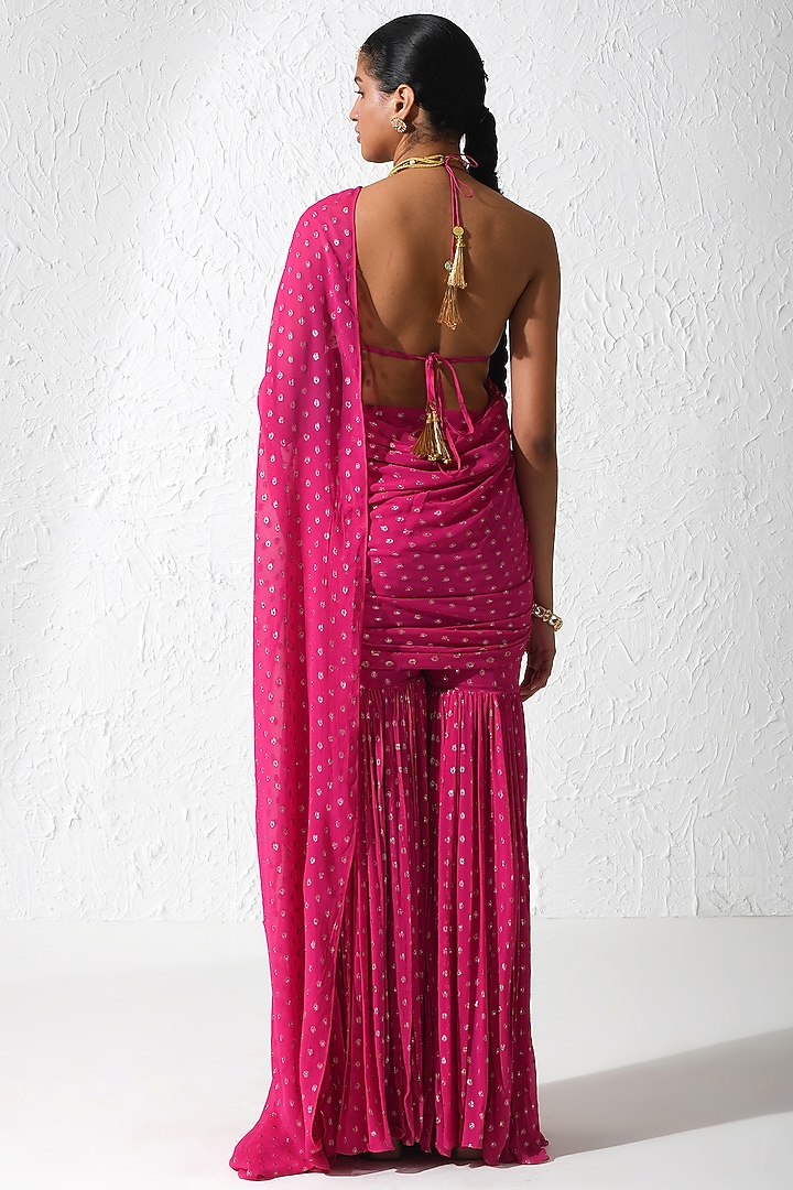 Hot Pink Raw Silk & Georgette Gharara Pant Wedding Saree Set by Rishi & Vibhuti at Pernia's Pop Up Shop