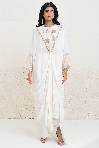 Ivory Crepe Thread Embellished Kaftan Set by Rishi & Vibhuti