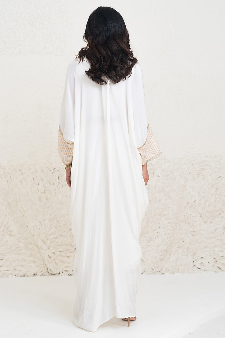 Ivory Crepe Thread Embellished Kaftan Set by Rishi & Vibhuti at Pernia's Pop Up Shop