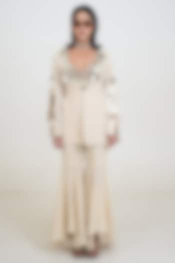 Ivory Linen Patchwork Jacket Set by Rishi & Vibhuti