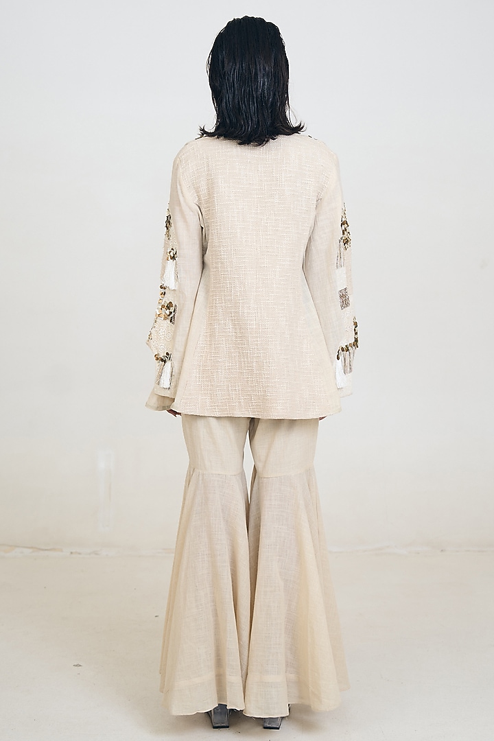 Ivory Linen Patchwork Jacket Set by Rishi & Vibhuti at Pernia's Pop Up Shop