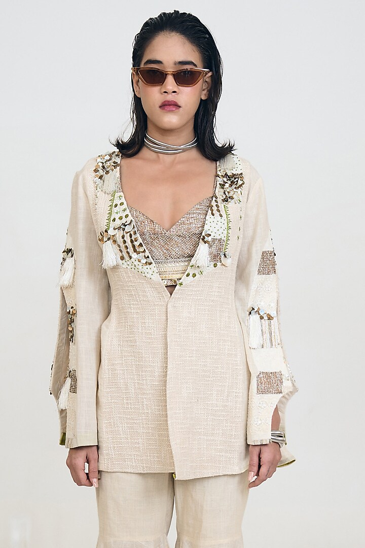 Ivory Linen Patchwork Jacket Set by Rishi & Vibhuti at Pernia's Pop Up Shop