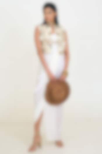 Ivory Cotton & Crepe Dress With Jacket by Rishi & Vibhuti