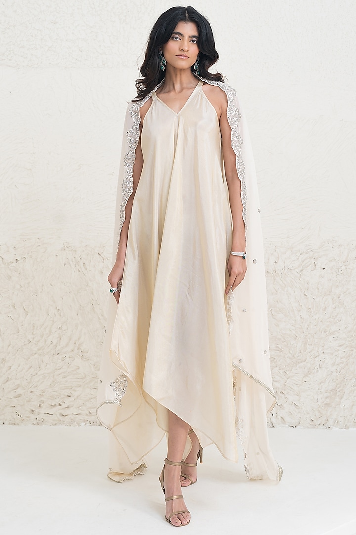 Ivory Chanderi Silk Hand Embroidered Dress  by Rishi & Vibhuti