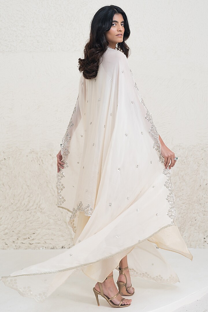 Ivory Chanderi Silk Hand Embroidered Cocktail Dress by Rishi & Vibhuti at Pernia's Pop Up Shop