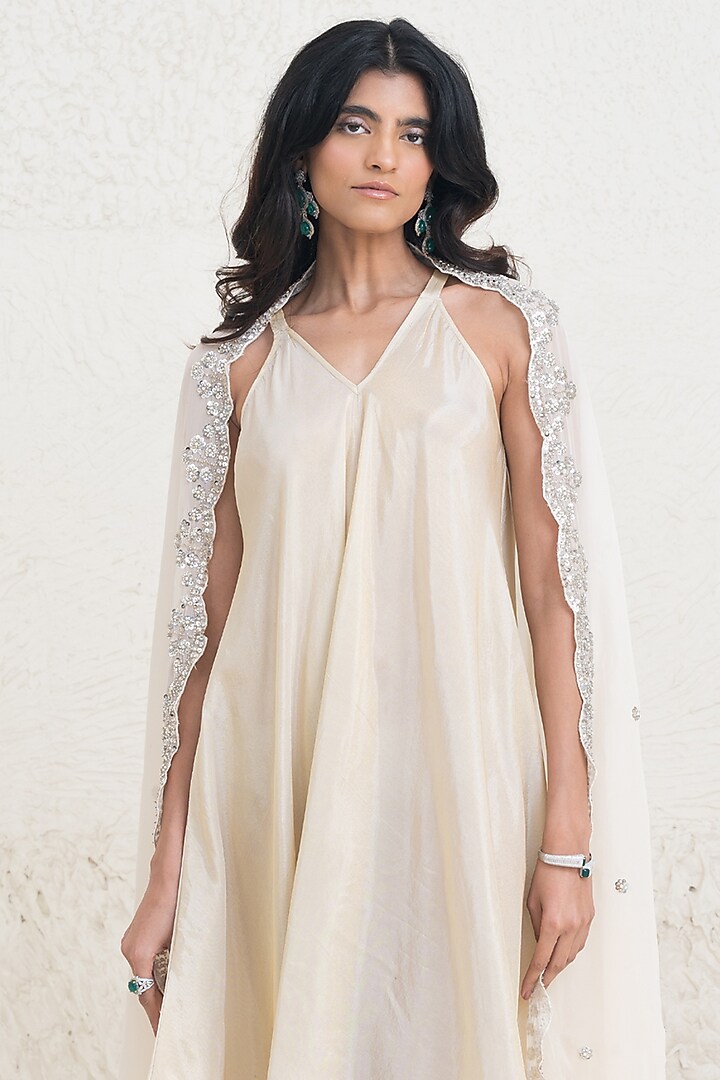 Ivory Chanderi Silk Hand Embroidered Cocktail Dress by Rishi & Vibhuti at Pernia's Pop Up Shop