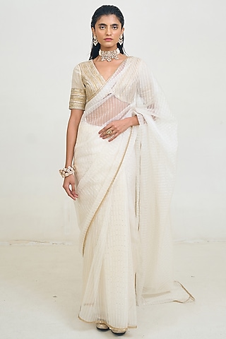 Ivory Organza Cutwork Embroidered Saree Set by Rishi & Vibhuti