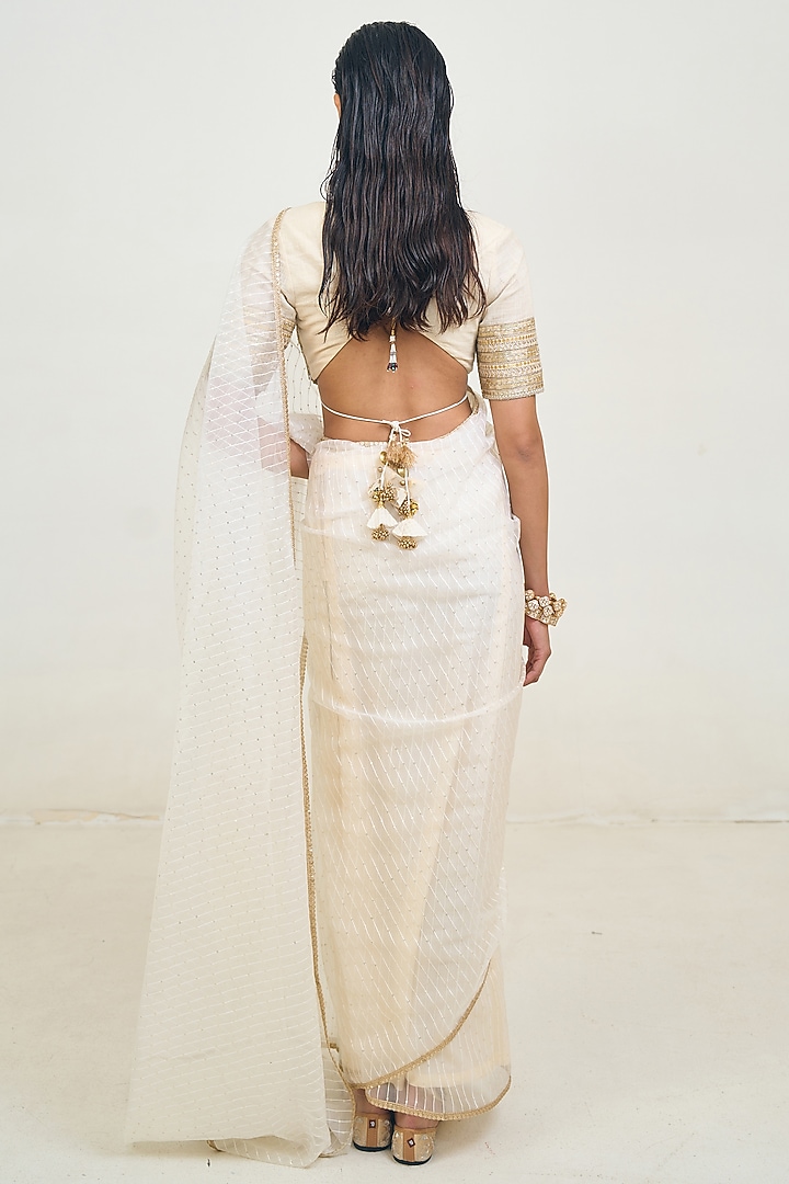 Ivory Organza Cutwork Embroidered Wedding Saree Set by Rishi & Vibhuti at Pernia's Pop Up Shop