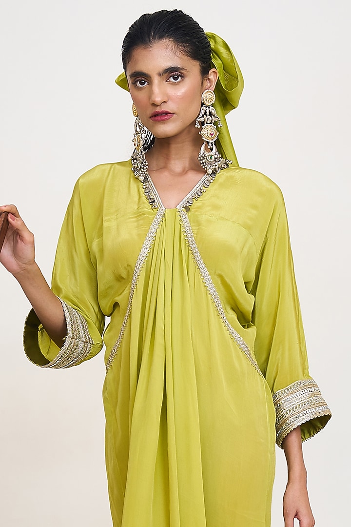Lime Green Crepe Cutwork Embroidered Kaftan by Rishi & Vibhuti at Pernia's Pop Up Shop