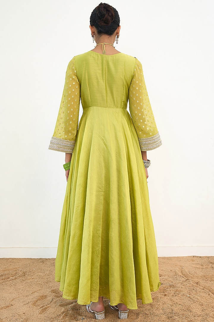 Lime Green Crepe Cutwork Wedding Anarkali Set by Rishi & Vibhuti at Pernia's Pop Up Shop