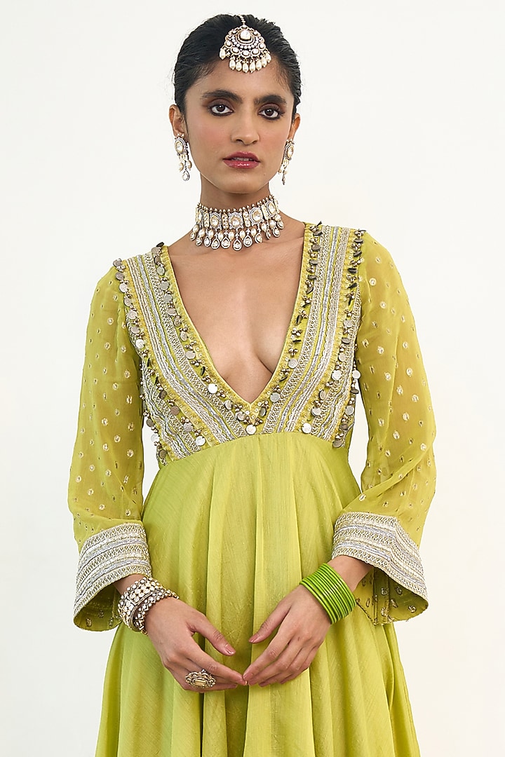 Lime Green Crepe Cutwork Wedding Anarkali Set by Rishi & Vibhuti at Pernia's Pop Up Shop