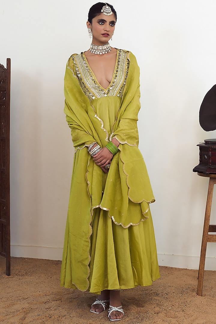 Lime Green Crepe Cutwork Wedding Anarkali Set by Rishi & Vibhuti at Pernia's Pop Up Shop