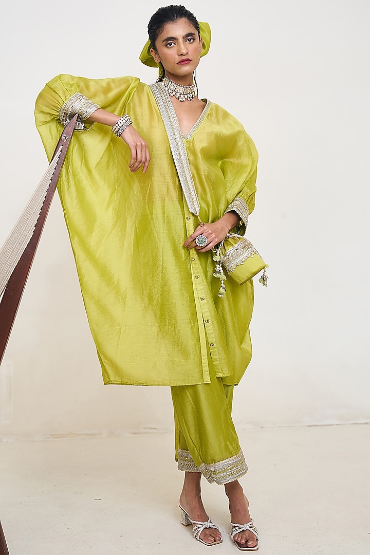 Lime Green Crepe & Chanderi Silk Cutwork Kurta Set by Rishi & Vibhuti