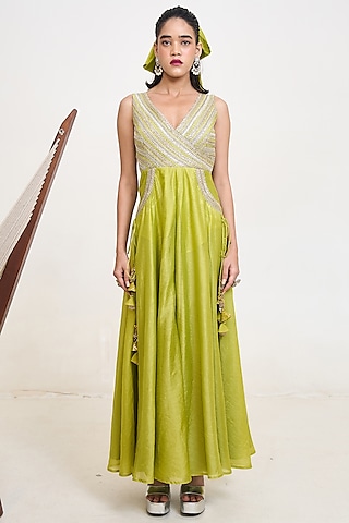 Lime Green Chanderi Silk Handwork Jumpsuit by Rishi & Vibhuti