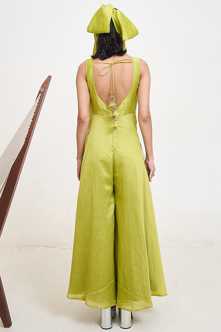 Lime Green Chanderi Silk Handwork Jumpsuit by Rishi & Vibhuti at Pernia's Pop Up Shop