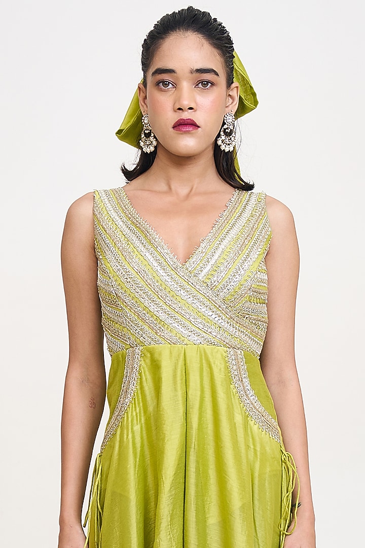 Lime Green Chanderi Silk Handwork Jumpsuit by Rishi & Vibhuti at Pernia's Pop Up Shop