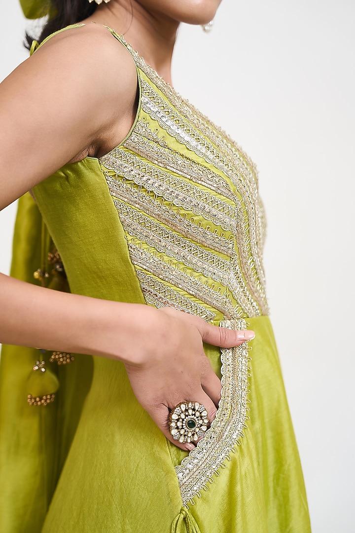 Lime Green Chanderi Silk Handwork Jumpsuit by Rishi & Vibhuti at Pernia's Pop Up Shop