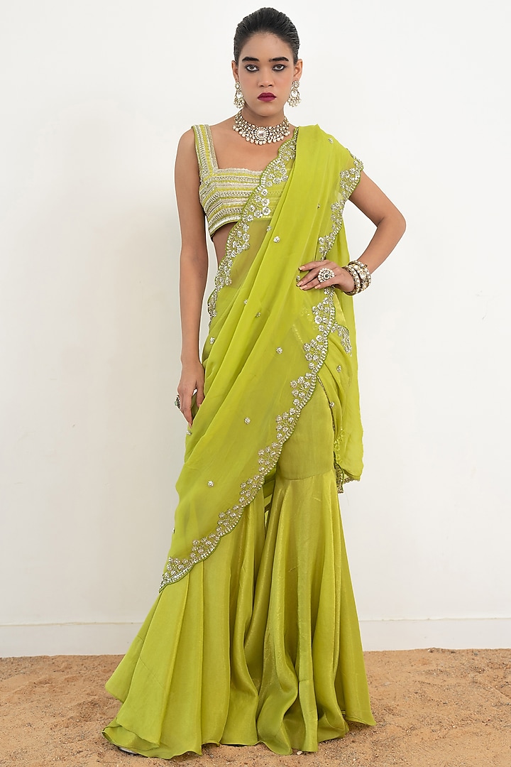 Lime Green Organza Silk & Chanderi Silk Hand Embroidered Pant Saree Set by Rishi & Vibhuti