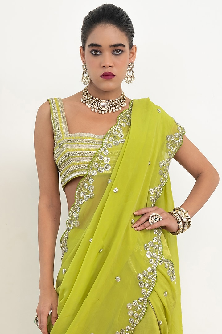 Lime Green Organza Silk & Chanderi Silk Hand Embroidered Pant Wedding Saree Set by Rishi & Vibhuti at Pernia's Pop Up Shop