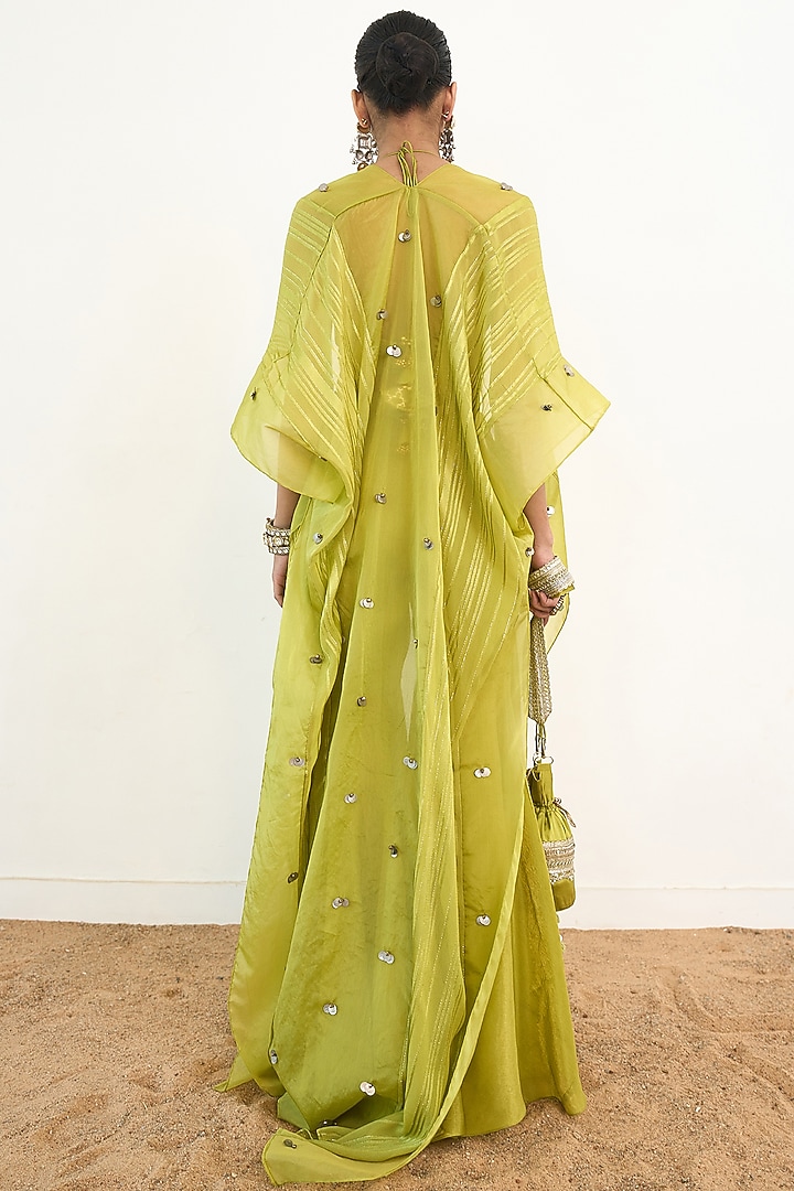 Lime Green Organza & Chanderi Silk Hand Embroidered Cape Set by Rishi & Vibhuti at Pernia's Pop Up Shop